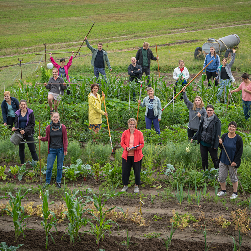 Studierende stehen im Garten