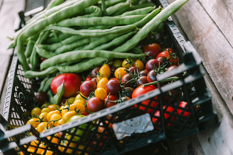 Kiste mit Stangenbohnen und Tomaten
