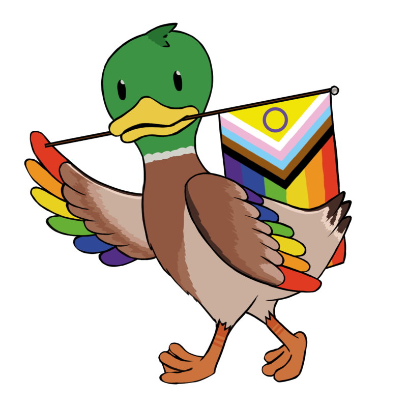 Ente im Comic-Stil, die eine Regenbogenflagge hält