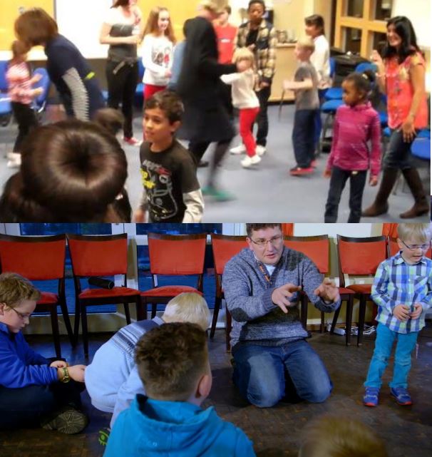 Zwei Fotos, auf denen Kinder zu sehen sind, die in einem Raum sind und sich bewegen.